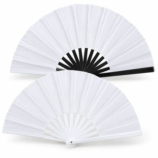 Two blank sublimation clack fans with black and white ribs on a clean white background