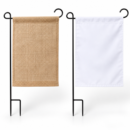 Blank burlap and white polyester garden flags with black metal poles on a clean white background