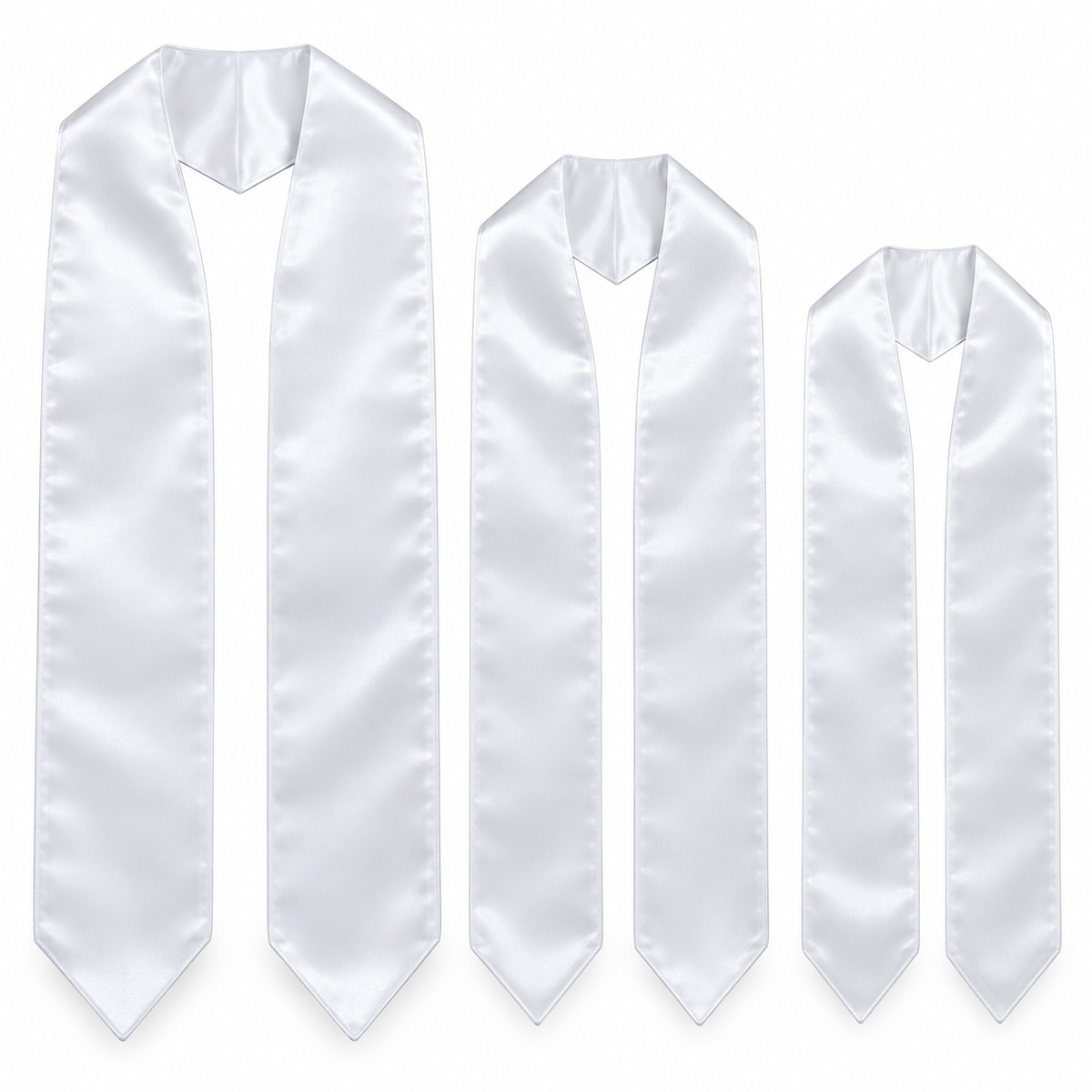 Three blank white satin sublimation graduation stoles in different sizes on a clean white background
