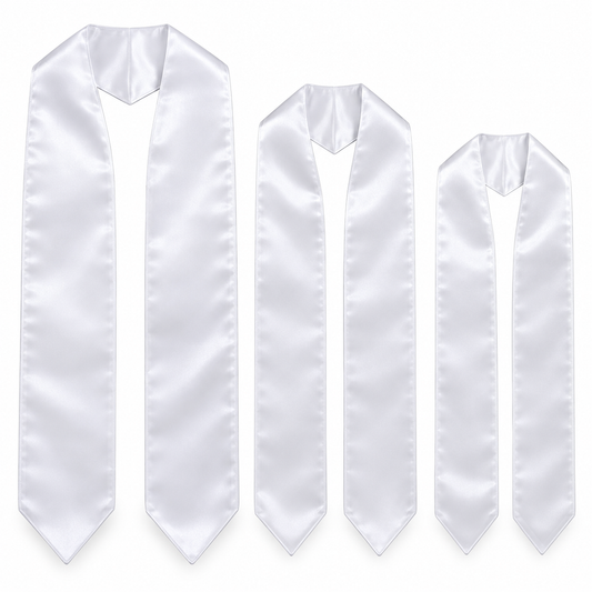 Three blank white satin sublimation graduation stoles in different sizes on a clean white background